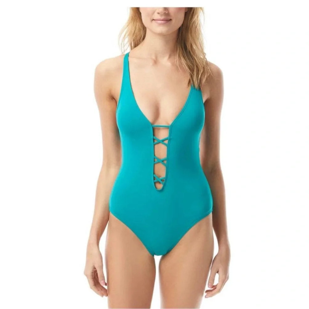 Vince Camuto Strappy Plunging V-Neck One Piece Swimsuit Tropical NWT Size 6 - Picture 7 of 7